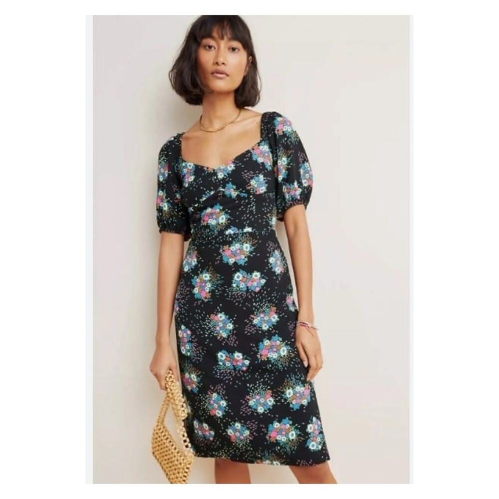 Anthropologie Scarletta‎ Sweetheart Neckline Puff Sleeve Floral Dress 2 Black